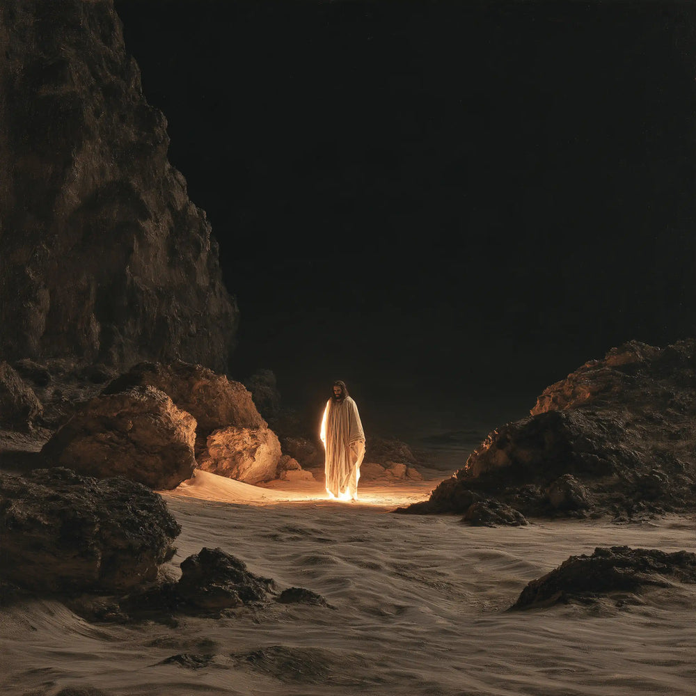 Christ appearing as divine light in the desert in Christ as Divine Light style, square Christian artwork no. 2