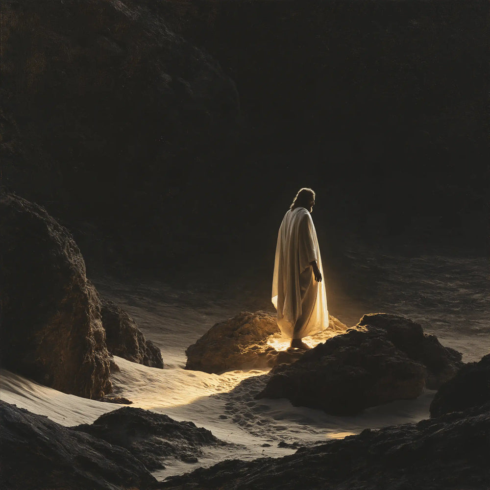 Christ appearing as divine light in the desert in Christ as Divine Light style, square Christian artwork no. 3