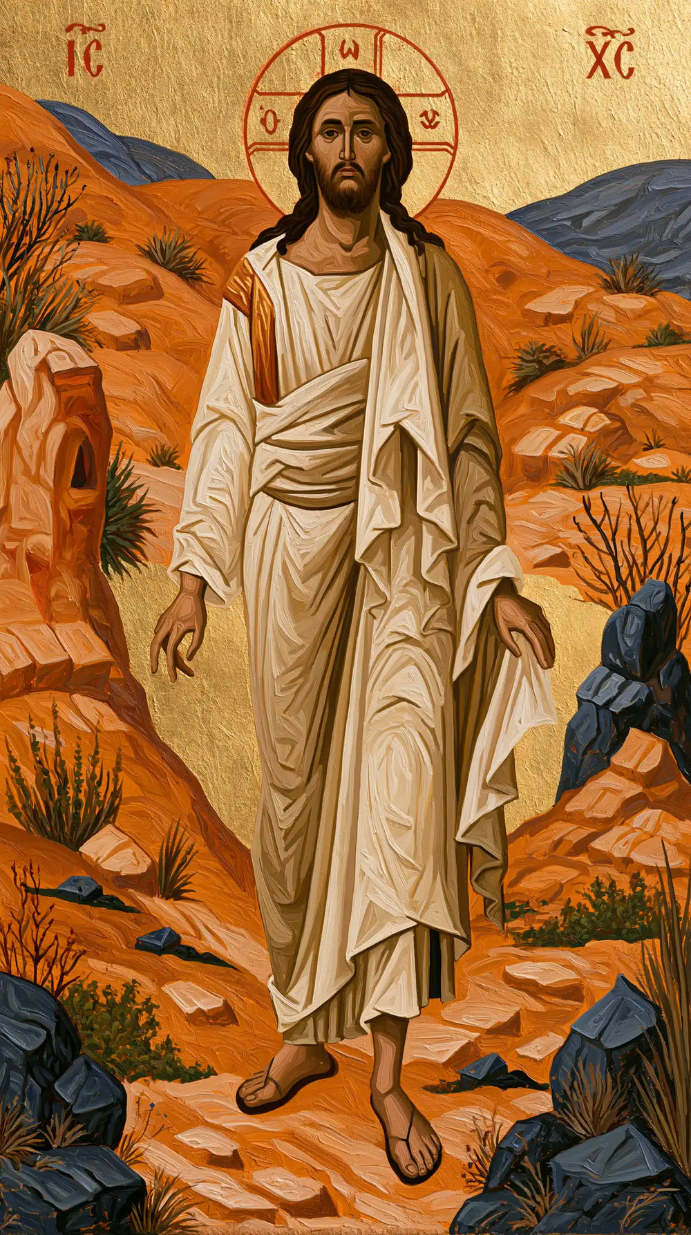 Jesus in the desert during the temptation in Contemporary Byzantine style, portrait Christian artwork no. 17