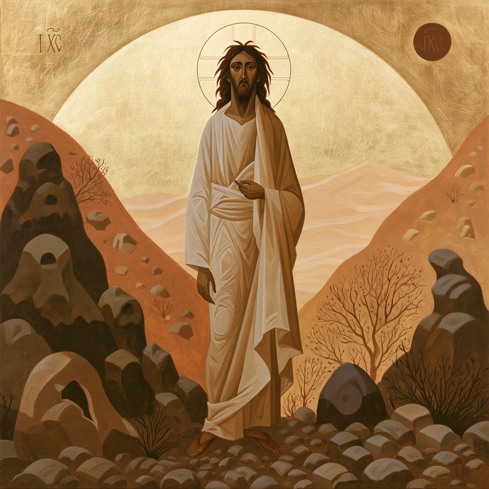 Jesus in the desert during the temptation in Contemporary Byzantine style, square Christian artwork no. 1