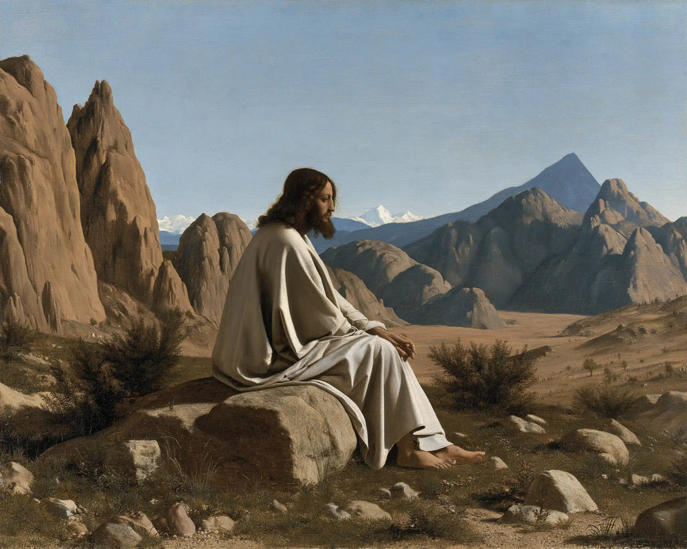 Jesus in the desert during the temptation in Florentine Renaissance style, landscape Christian artwork no. 6