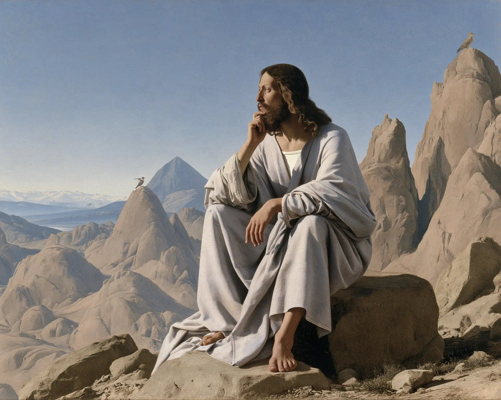 Jesus in the desert during the temptation in Florentine Renaissance style, landscape Christian artwork no. 8