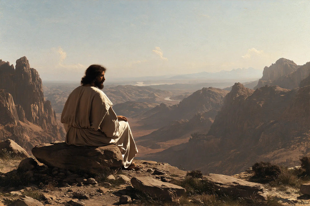 Jesus in the desert during the temptation in Florentine Renaissance style, landscape Christian artwork no. 15