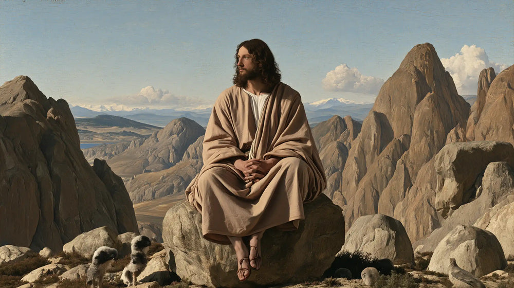 Jesus in the desert during the temptation in Florentine Renaissance style, landscape Christian artwork no. 17