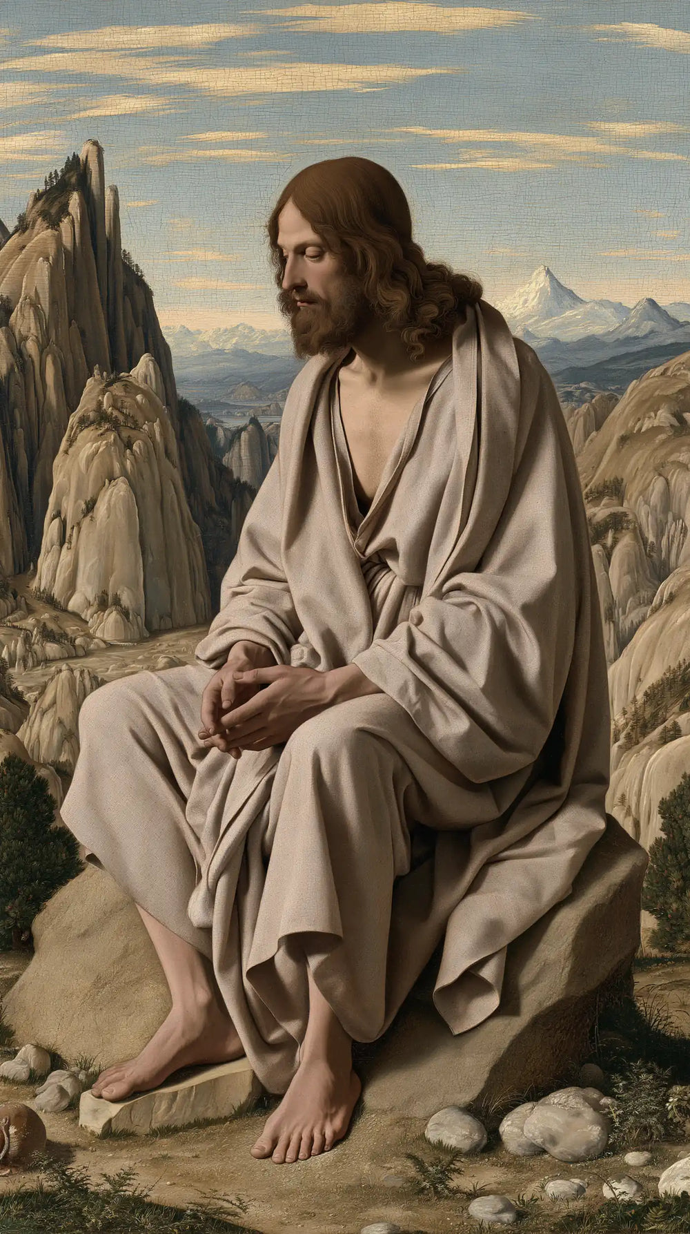 Jesus in the desert during the temptation in Florentine Renaissance style, portrait Christian artwork no. 17