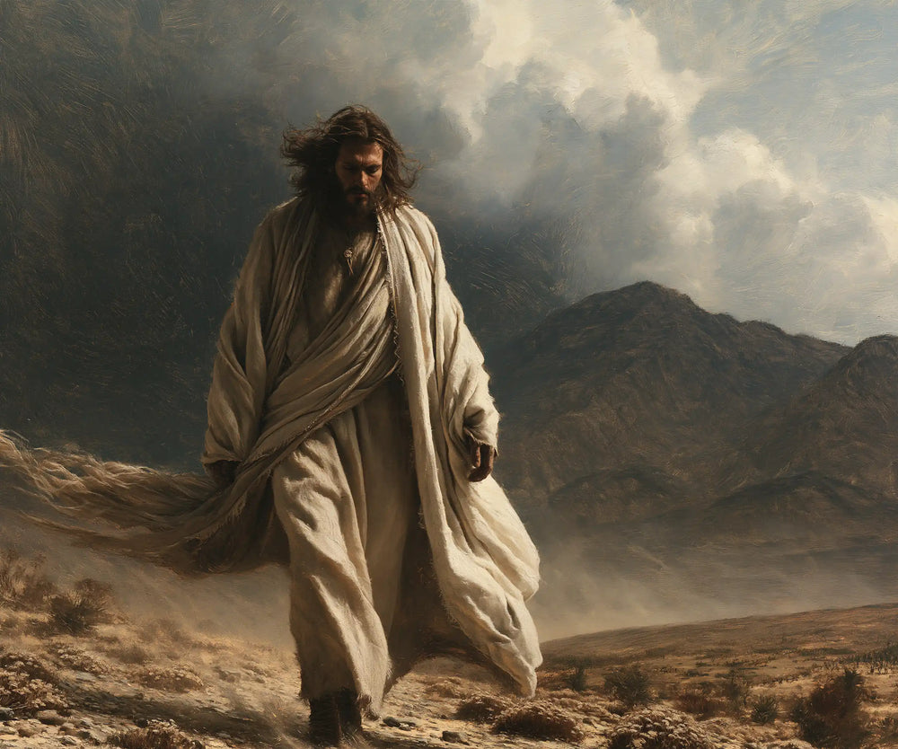 Jesus confronting an inner spiritual struggle in the desert in The Inner Struggle style, landscape Christian artwork no. 3