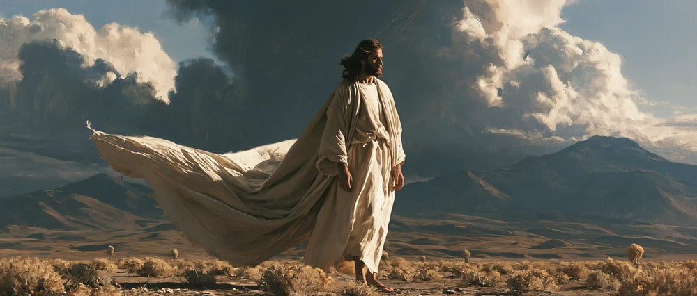 Jesus confronting an inner spiritual struggle in the desert in The Inner Struggle style, landscape Christian artwork no. 22