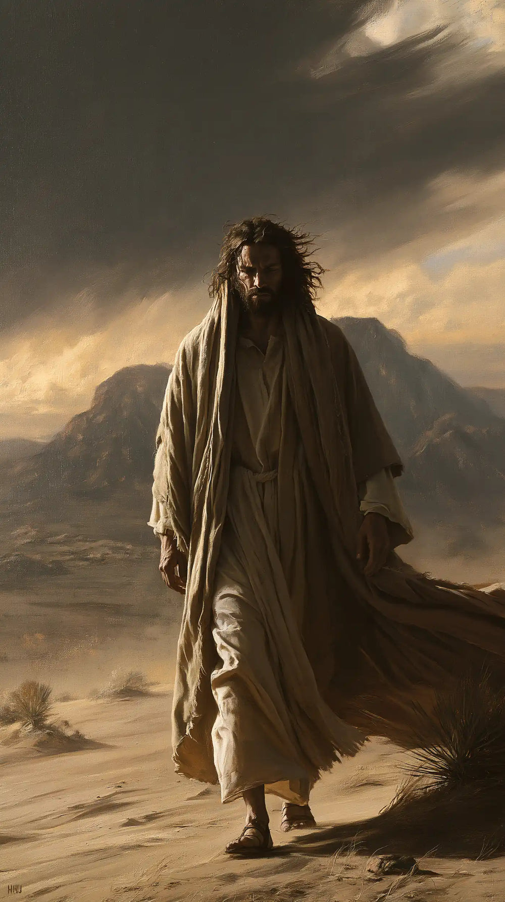 Jesus confronting an inner spiritual struggle in the desert in The Inner Struggle style, portrait Christian artwork no. 2