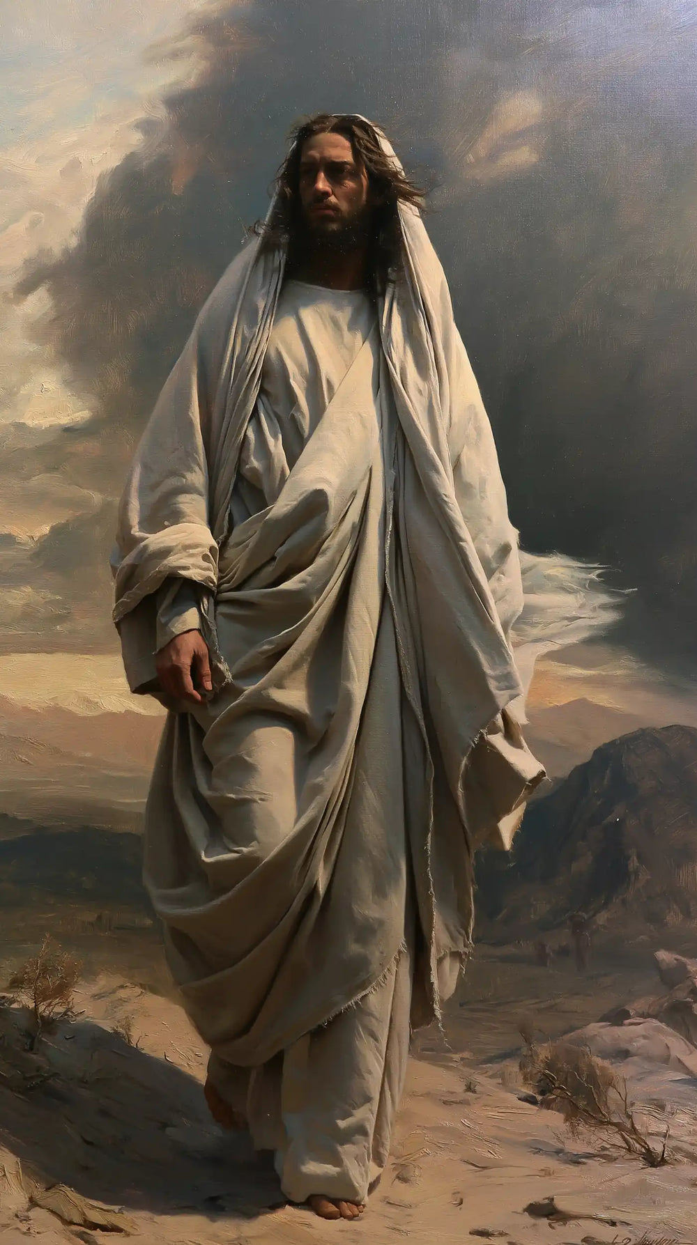 Jesus confronting an inner spiritual struggle in the desert in The Inner Struggle style, portrait Christian artwork no. 8