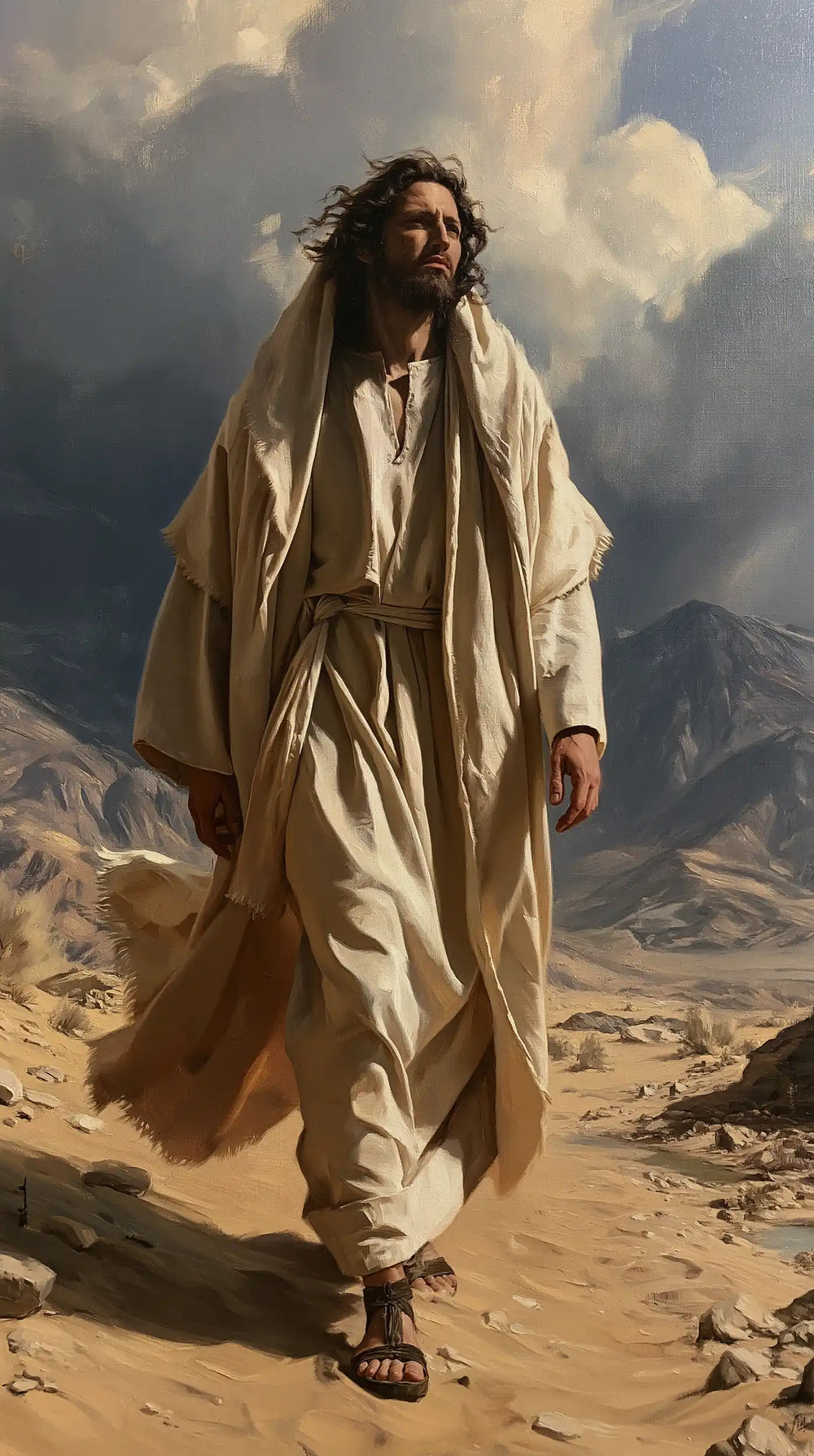 Jesus confronting an inner spiritual struggle in the desert in The Inner Struggle style, portrait Christian artwork no. 12