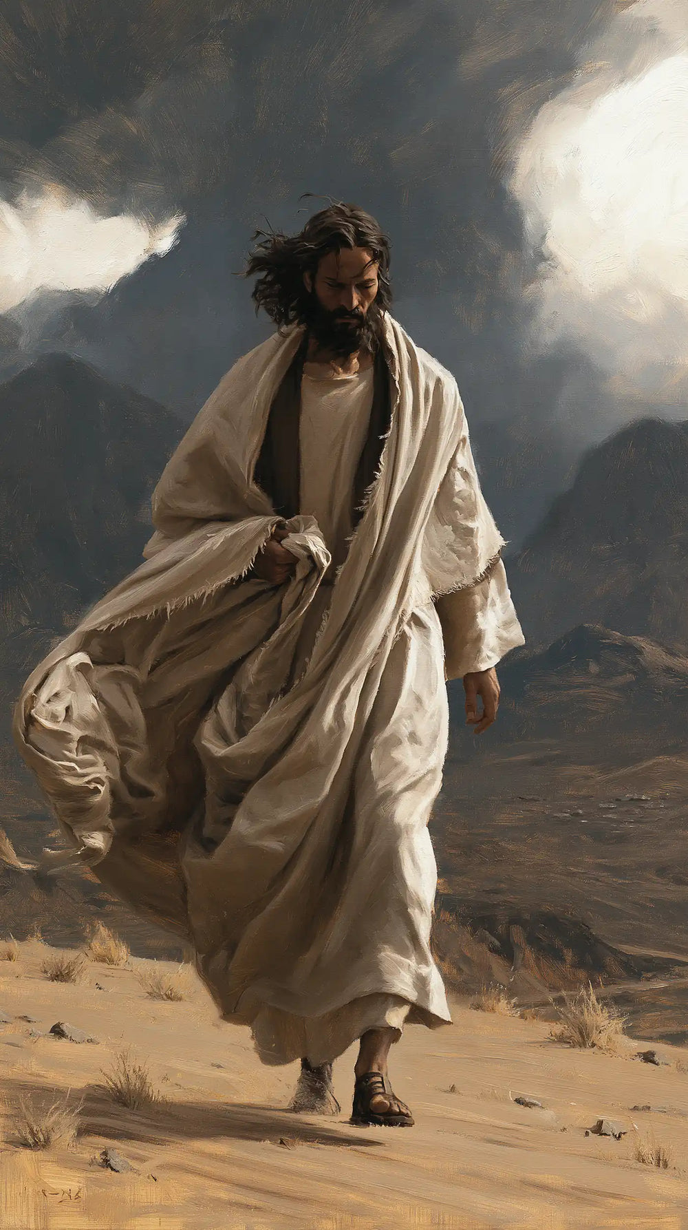 Jesus confronting an inner spiritual struggle in the desert in The Inner Struggle style, portrait Christian artwork no. 14