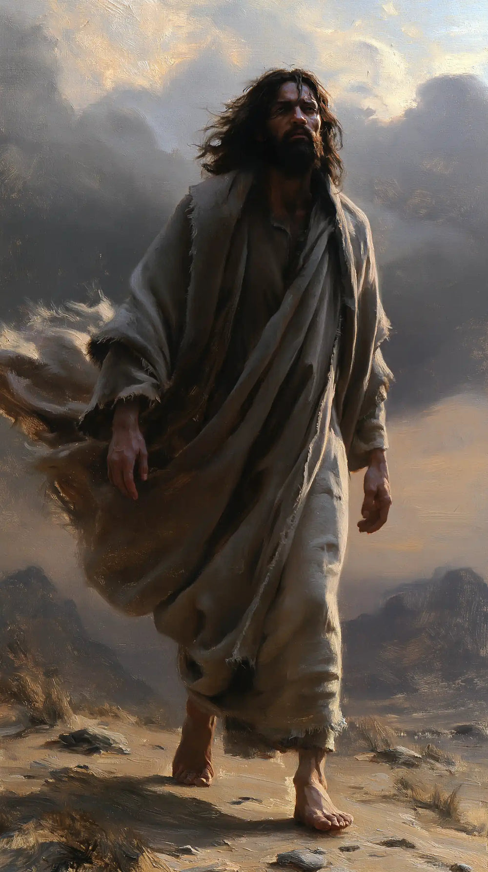 Jesus confronting an inner spiritual struggle in the desert in The Inner Struggle style, portrait Christian artwork no. 28