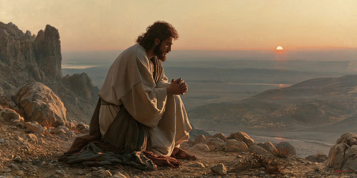 Jesus praying alone in the desert in Jesus in Prayer style, landscape Christian artwork no. 21