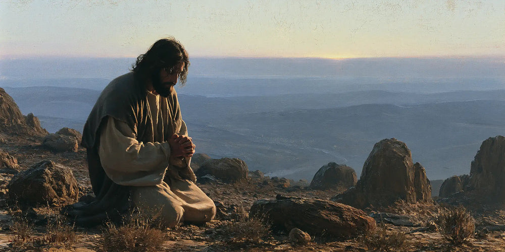Jesus praying alone in the desert in Jesus in Prayer style, landscape Christian artwork no. 22