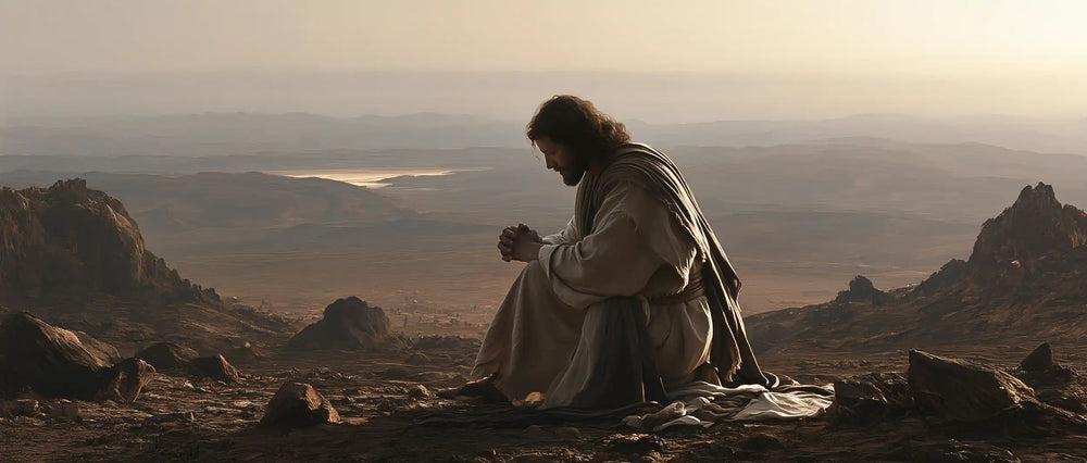Jesus praying alone in the desert in Jesus in Prayer style, landscape Christian artwork no. 26