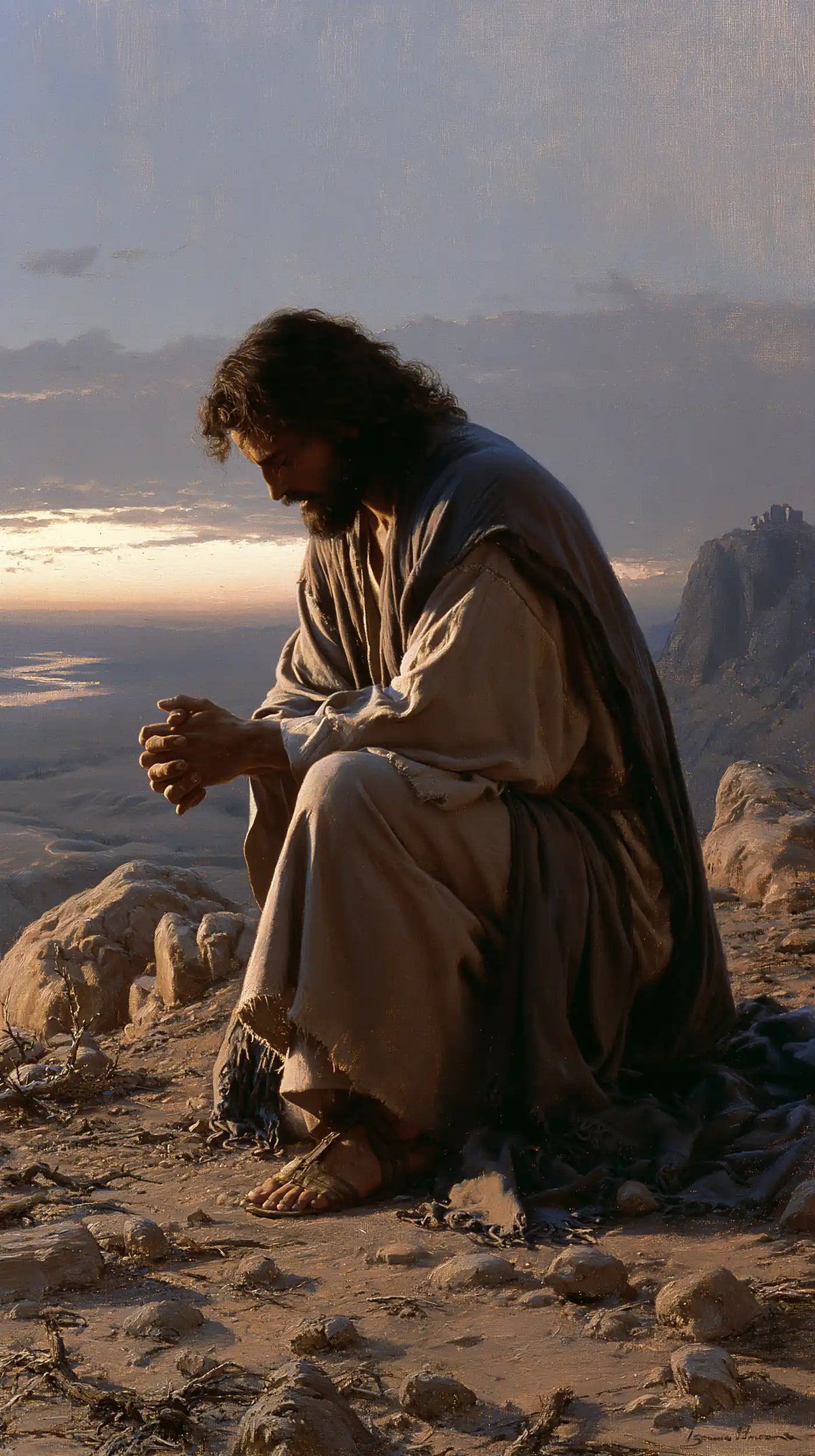 Jesus praying alone in the desert in Jesus in Prayer style, portrait Christian artwork no. 7