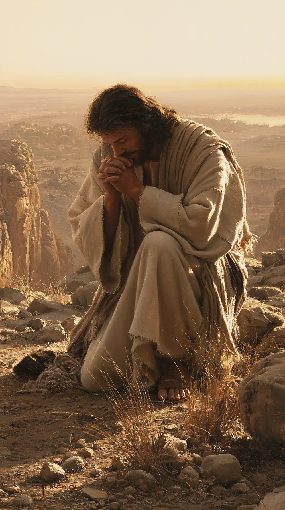 Jesus praying alone in the desert in Jesus in Prayer style, portrait Christian artwork no. 9