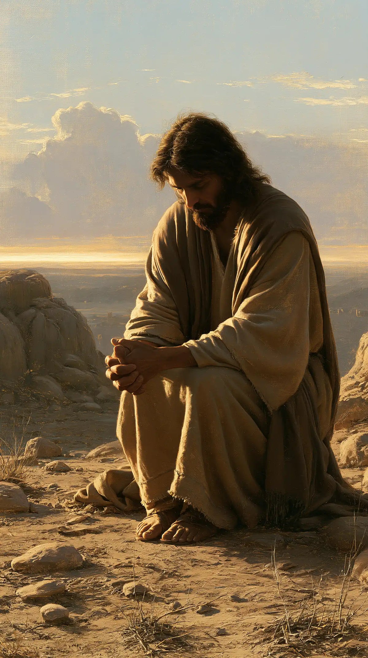 Jesus praying alone in the desert in Jesus in Prayer style, portrait Christian artwork no. 14