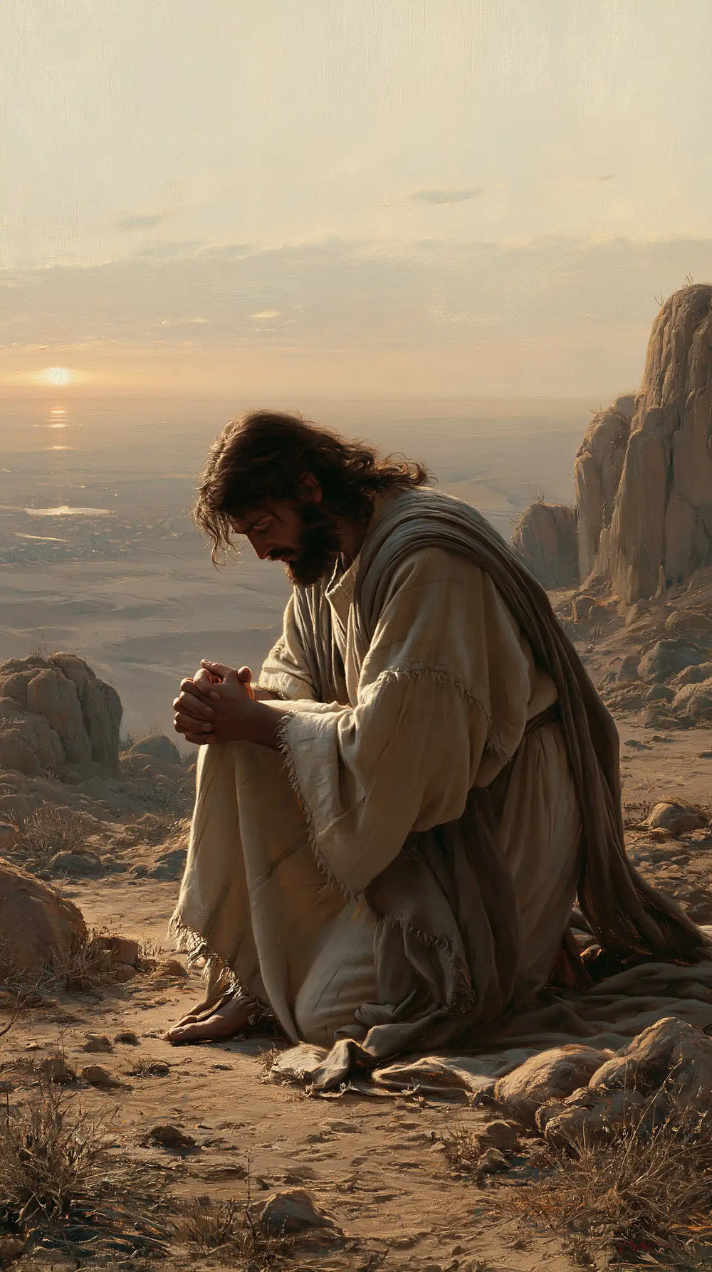 Jesus praying alone in the desert in Jesus in Prayer style, portrait Christian artwork no. 18