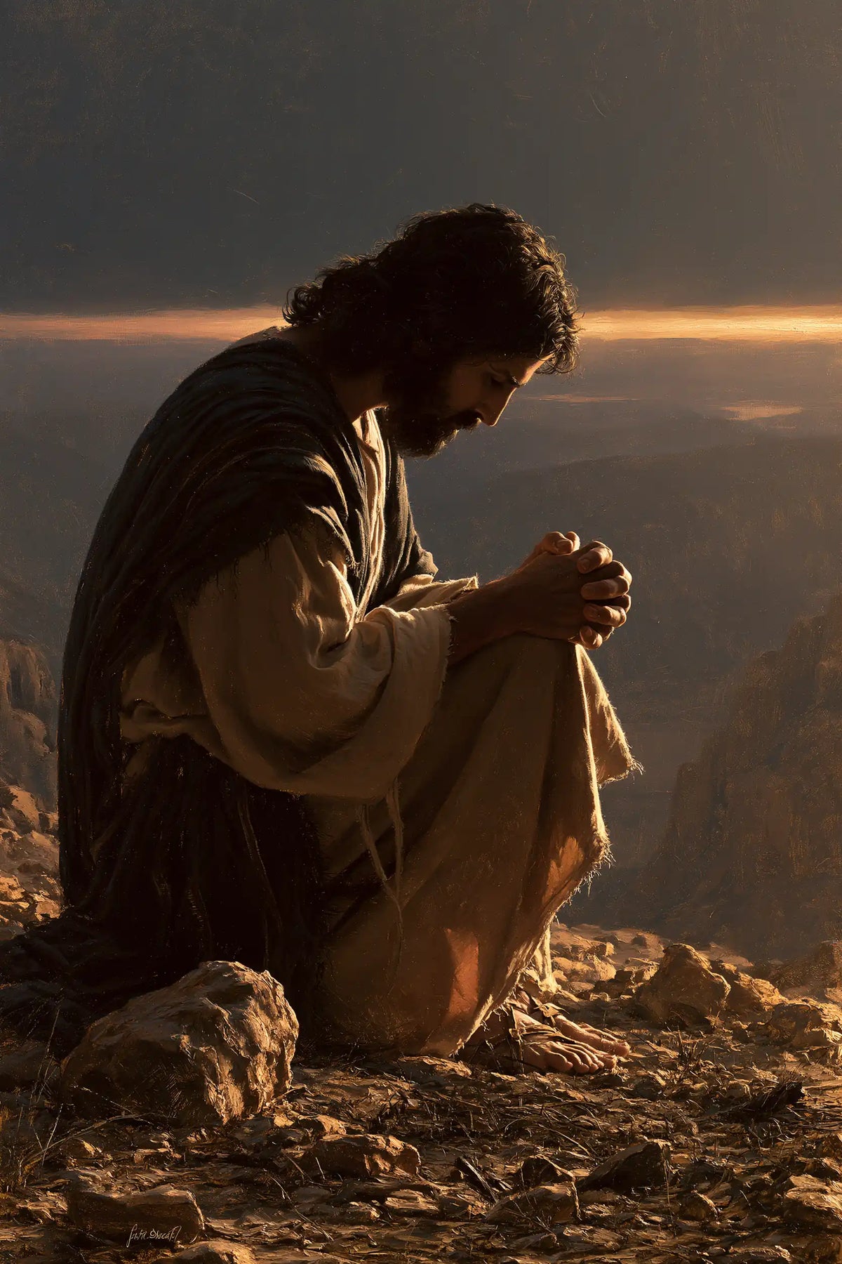 Jesus praying alone in the desert in Jesus in Prayer style, portrait Christian artwork no. 33