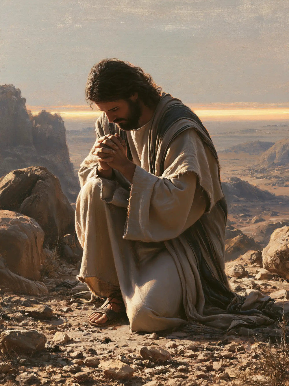 Jesus praying alone in the desert in Jesus in Prayer style, portrait Christian artwork no. 36
