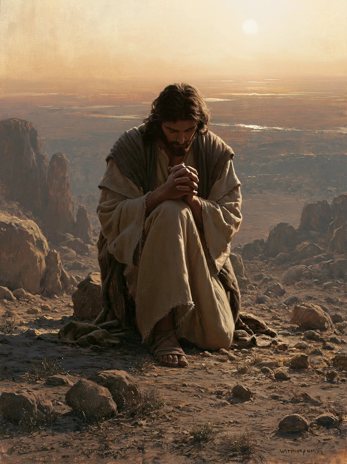 Jesus praying alone in the desert in Jesus in Prayer style, portrait Christian artwork no. 37