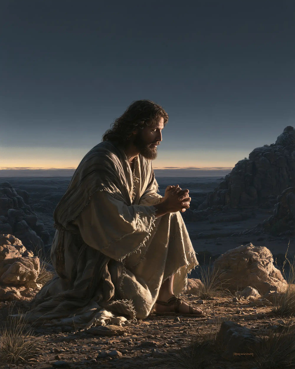 Jesus praying alone in the desert in Jesus in Prayer style, portrait Christian artwork no. 39