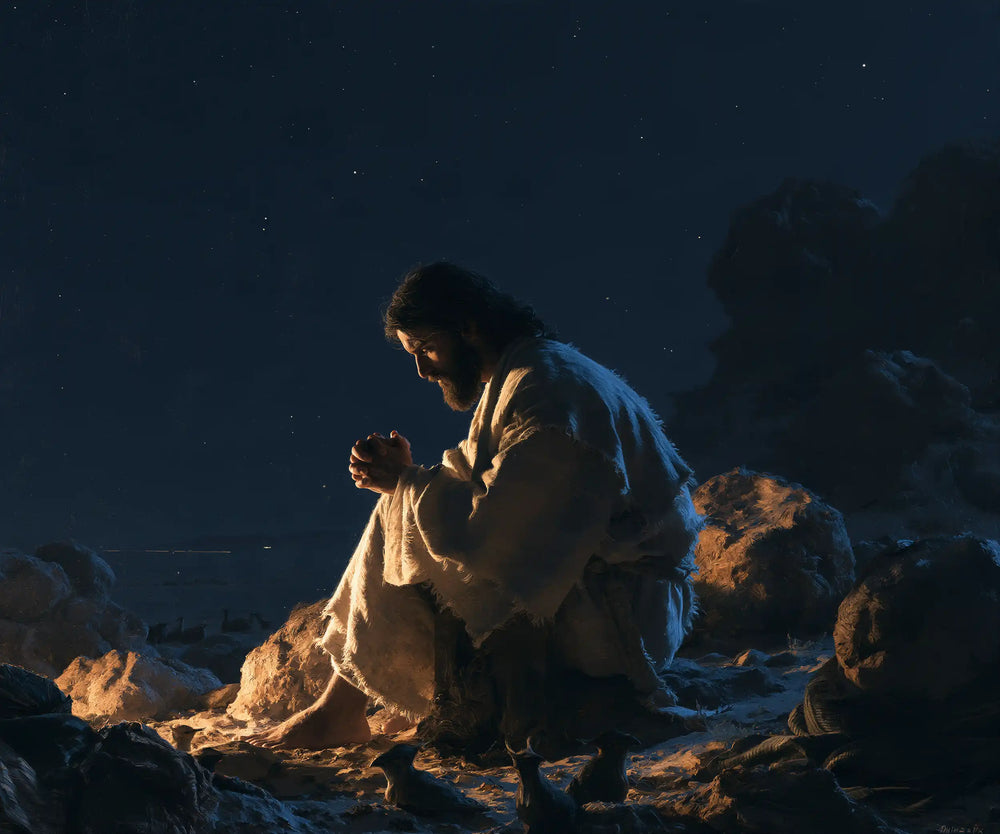 Jesus in the desert during the temptation in Midnight Blue Chiaroscuro style, landscape Christian artwork no. 4