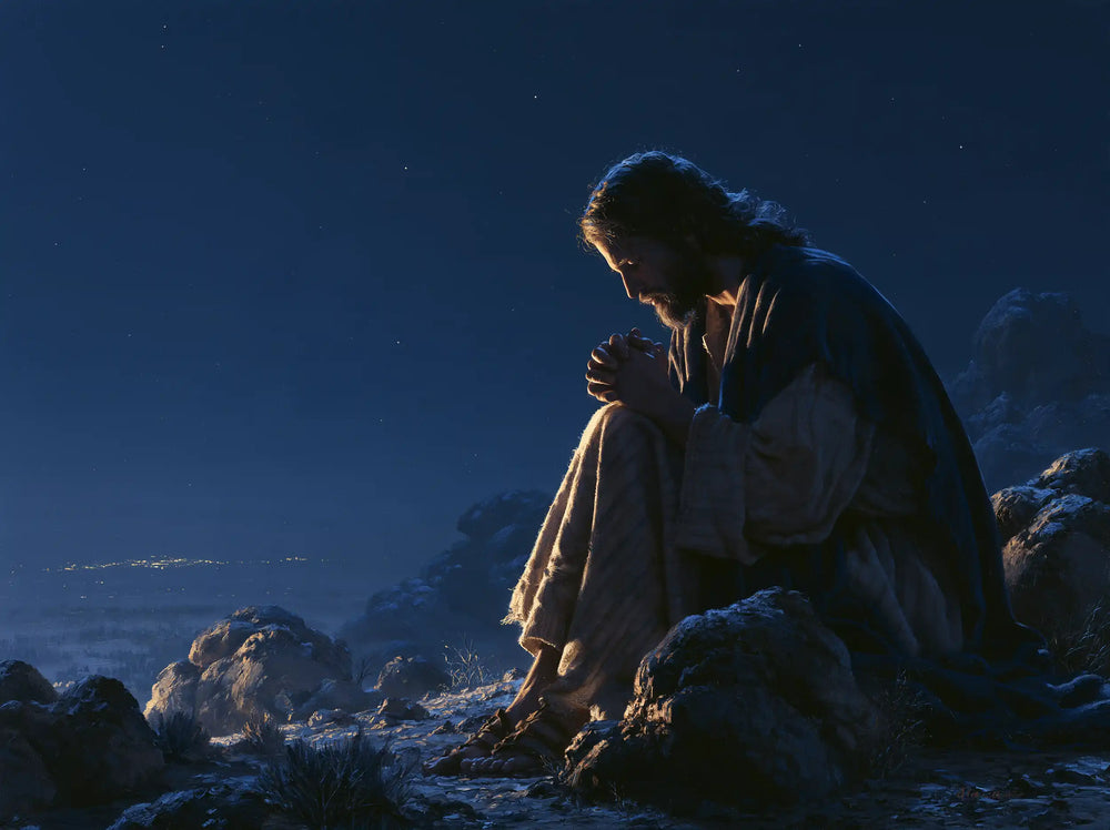 Jesus in the desert during the temptation in Midnight Blue Chiaroscuro style, landscape Christian artwork no. 12
