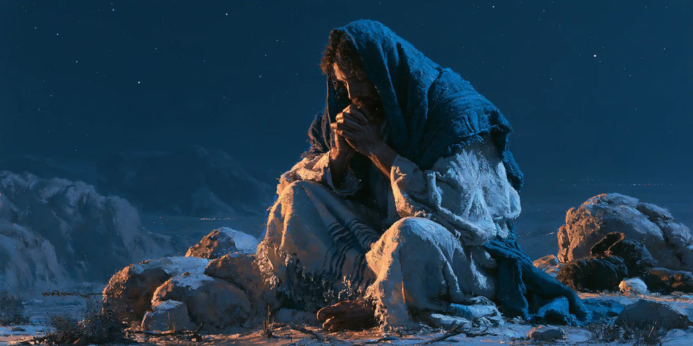 Jesus in the desert during the temptation in Midnight Blue Chiaroscuro style, landscape Christian artwork no. 18