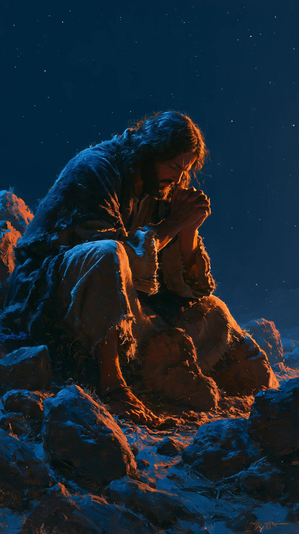 Jesus in the desert during the temptation in Midnight Blue Chiaroscuro style, portrait Christian artwork no. 13