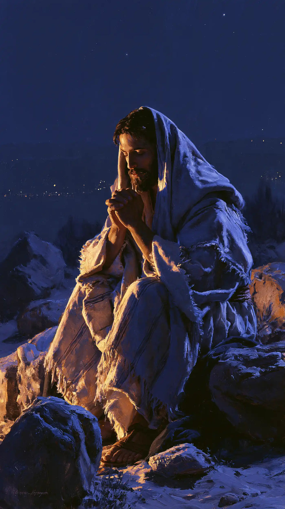 Jesus in the desert during the temptation in Midnight Blue Chiaroscuro style, portrait Christian artwork no. 25