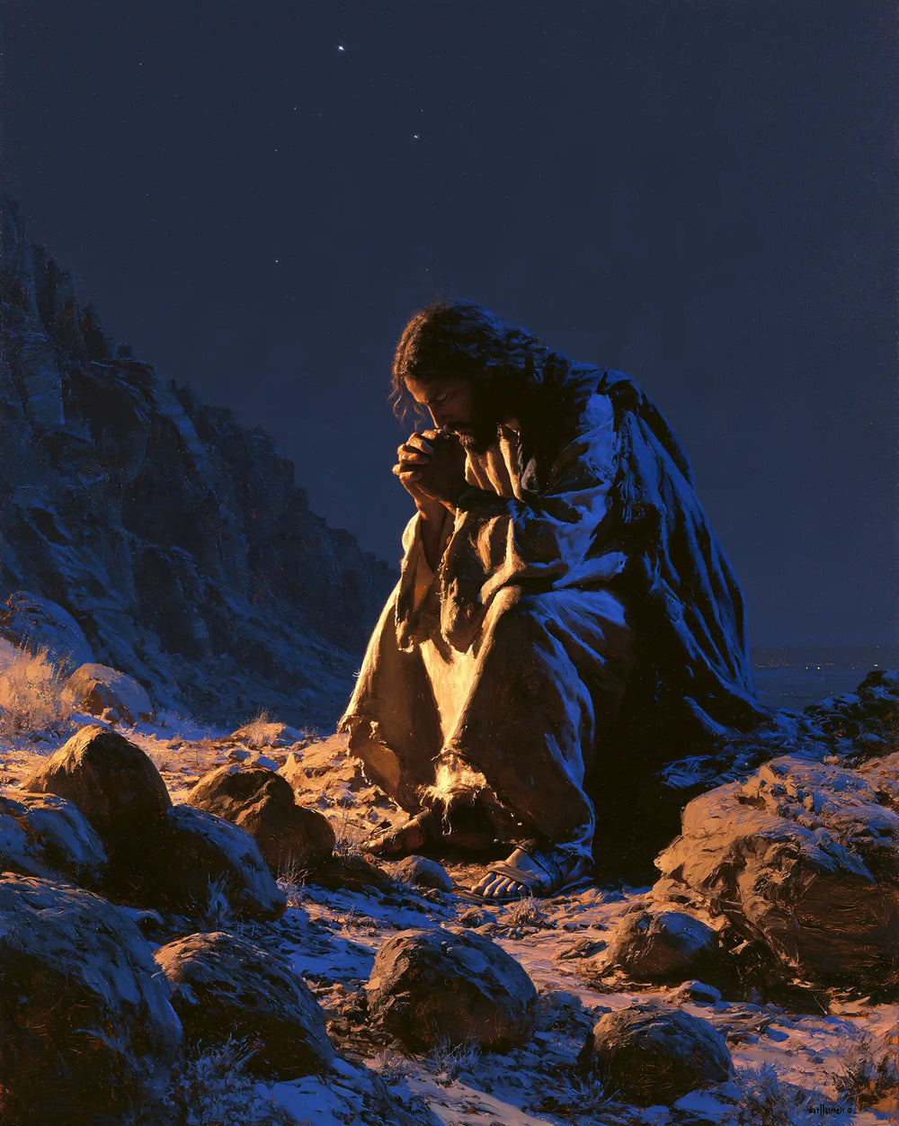 Jesus in the desert during the temptation in Midnight Blue Chiaroscuro style, portrait Christian artwork no. 38