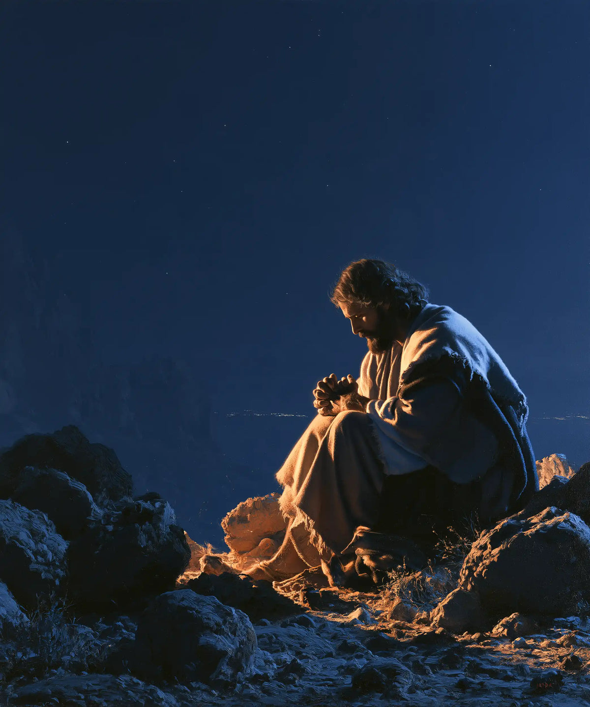Jesus in the desert during the temptation in Midnight Blue Chiaroscuro style, portrait Christian artwork no. 42