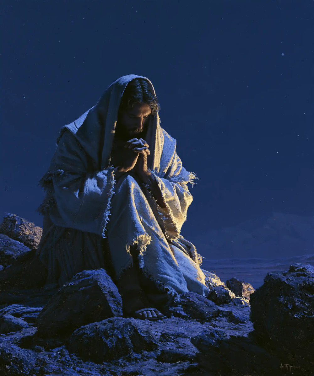 Jesus in the desert during the temptation in Midnight Blue Chiaroscuro style, portrait Christian artwork no. 43