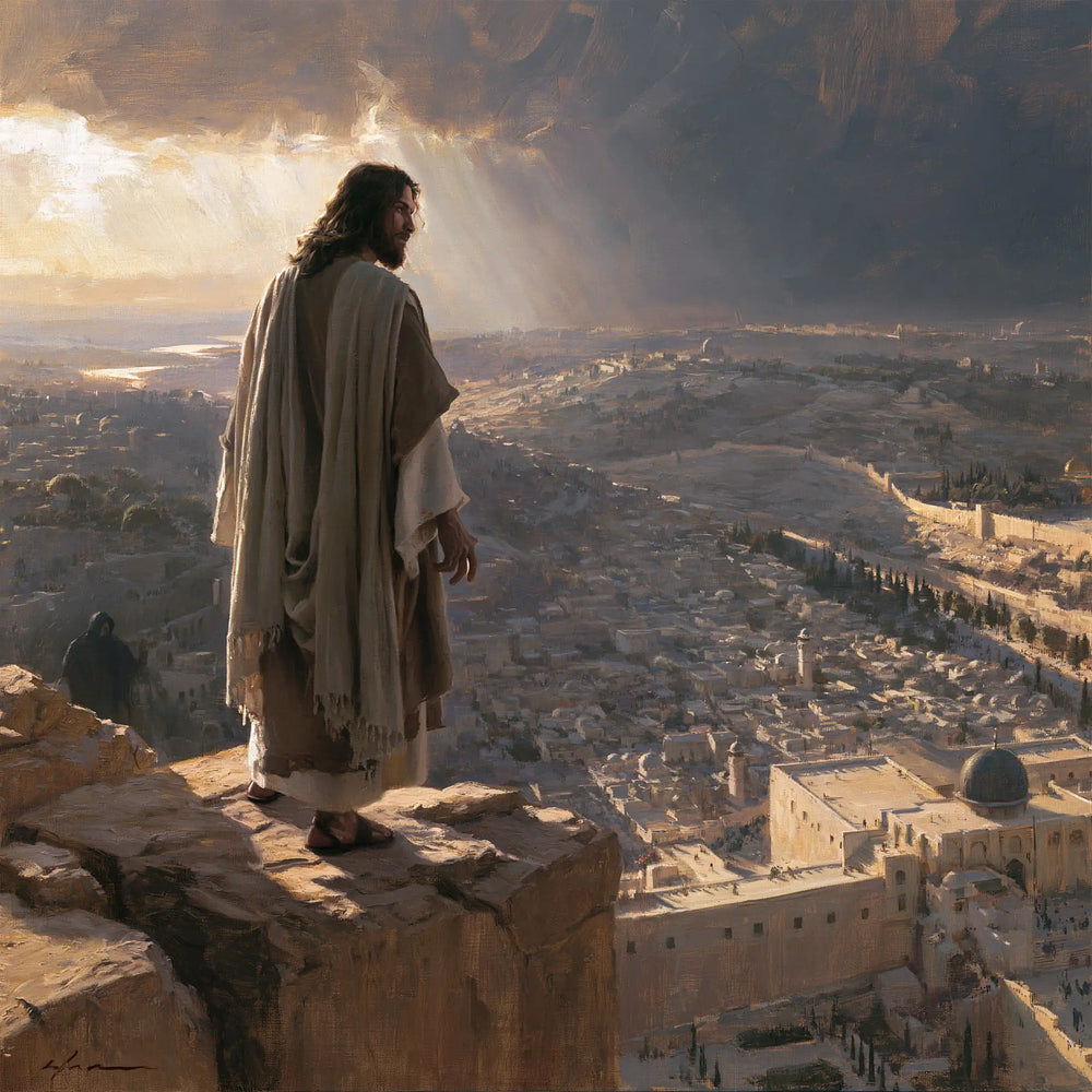 Jesus during the temptation at the pinnacle of the temple in The Pinnacle of the Temple style, square Christian artwork no. 3