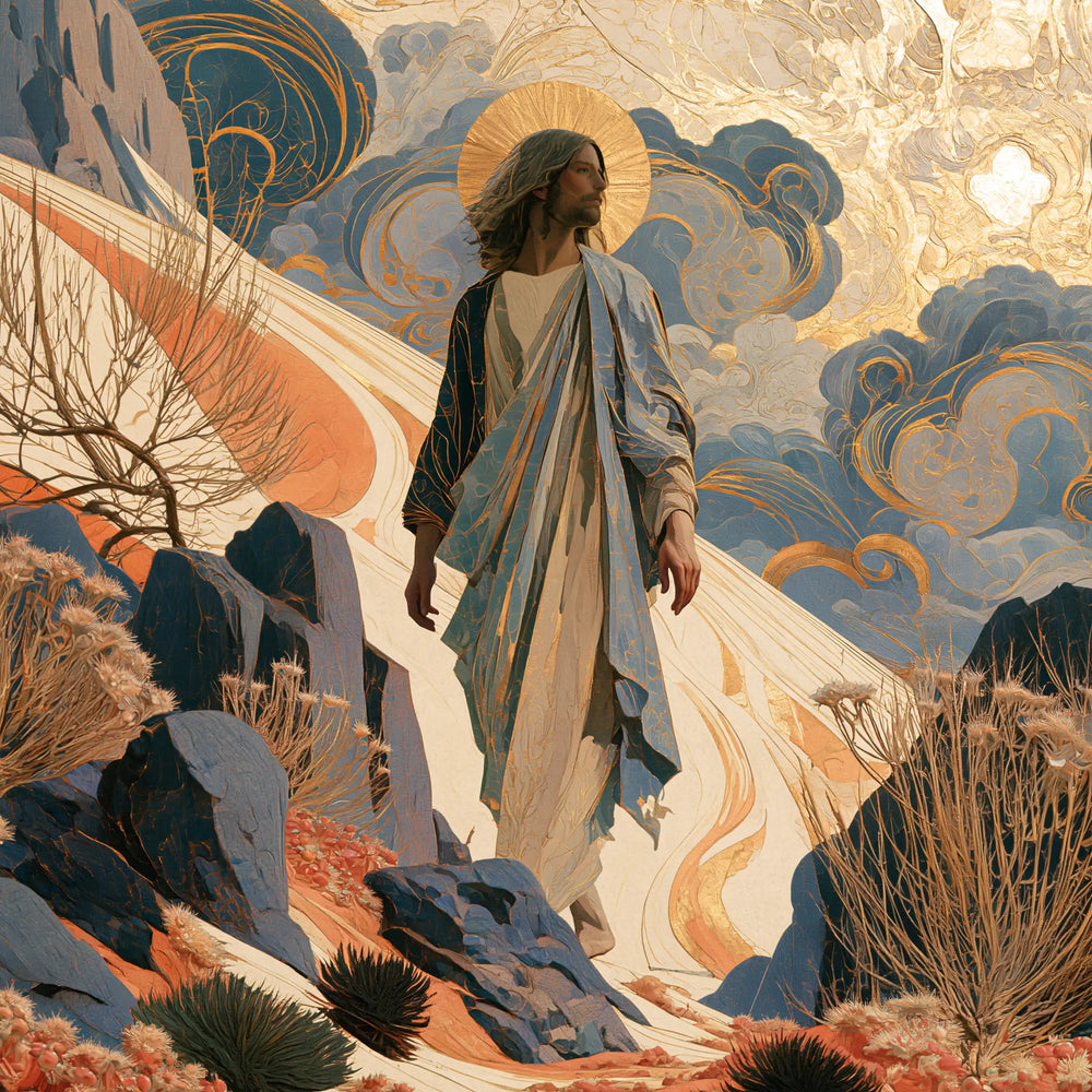 Jesus in the desert during the temptation in Sacred Art Nouveau style, square Christian artwork no. 4