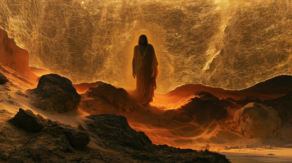 Jesus in the desert during the temptation in Sacred Gold style, landscape Christian artwork no. 9