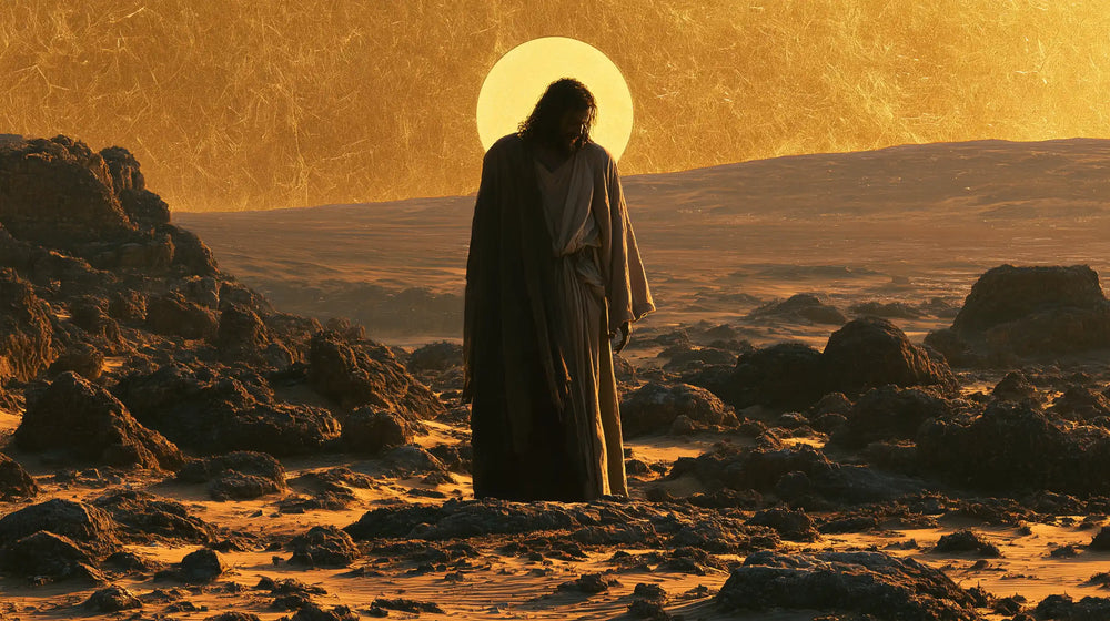 Jesus in the desert during the temptation in Sacred Gold style, landscape Christian artwork no. 10