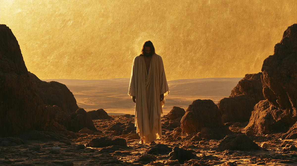 Jesus in the desert during the temptation in Sacred Gold style, landscape Christian artwork no. 12