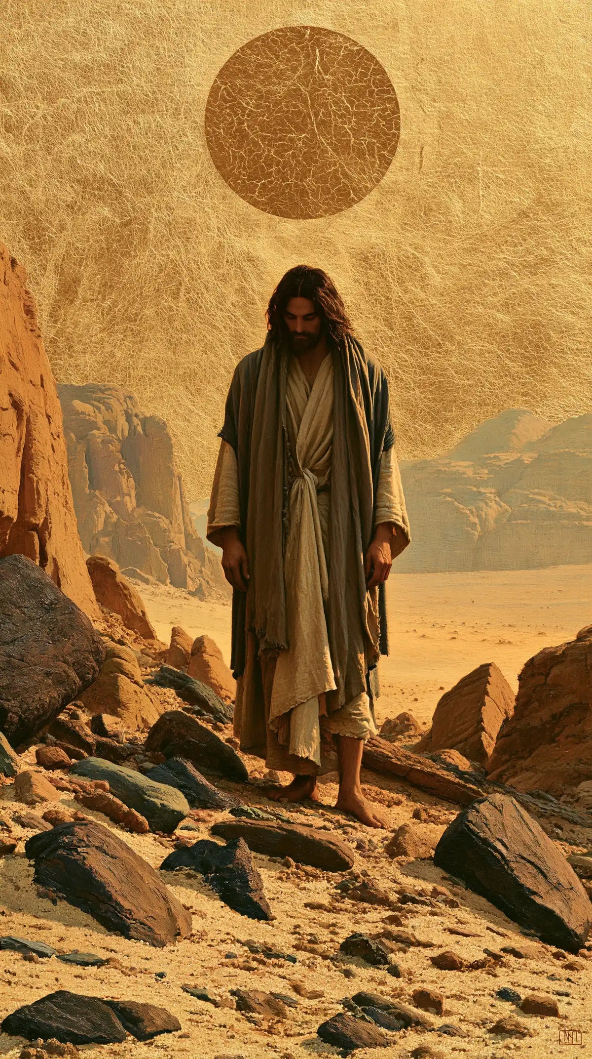 Jesus in the desert during the temptation in Sacred Gold style, portrait Christian artwork no. 1