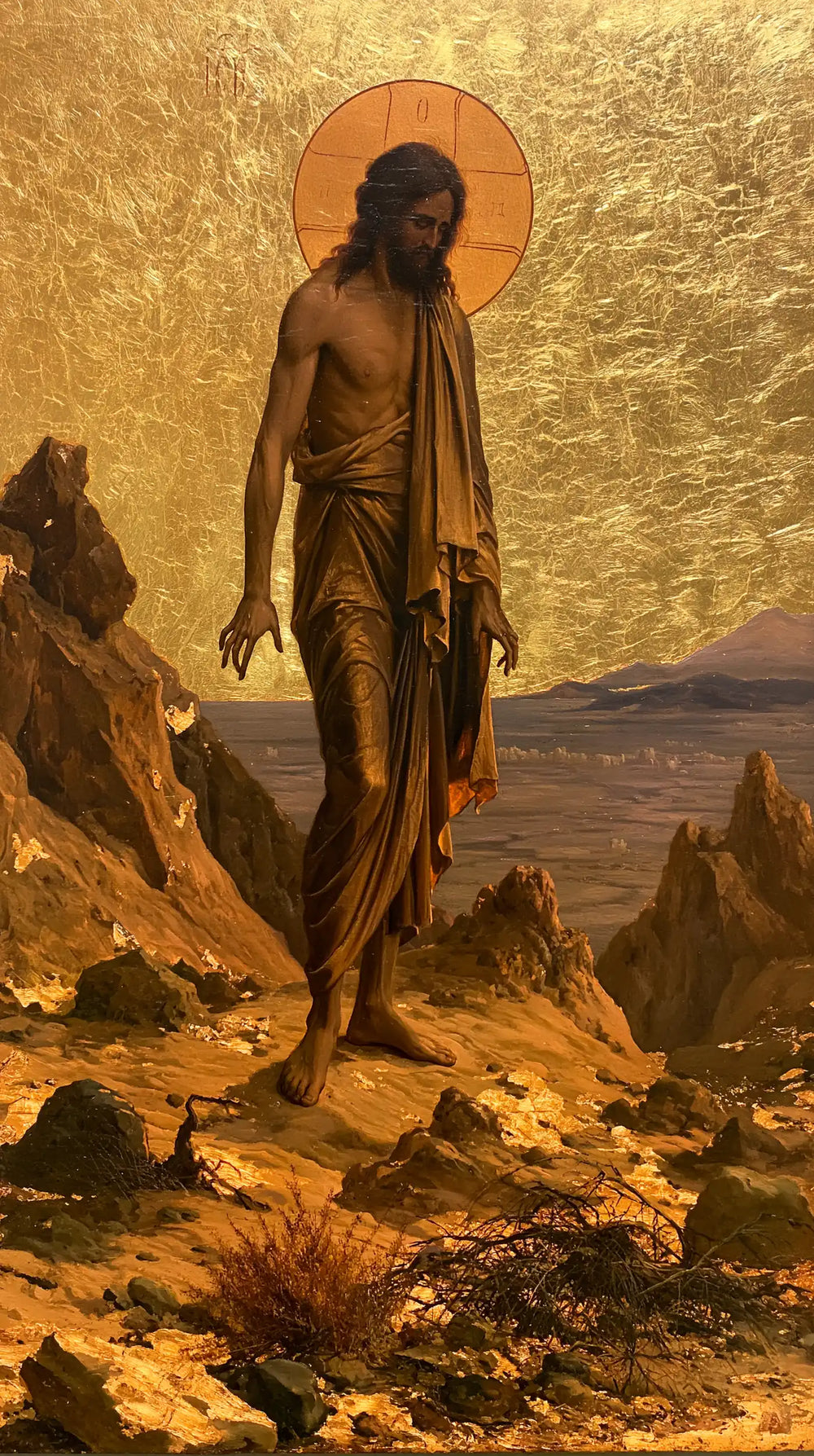 Jesus in the desert during the temptation in Sacred Gold style, portrait Christian artwork no. 9