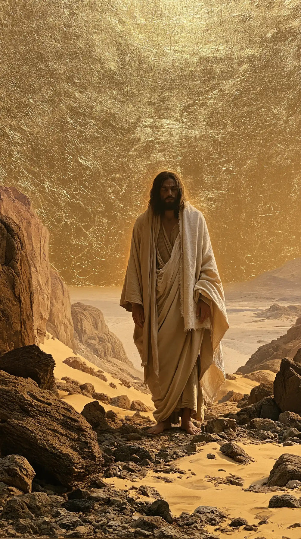 Jesus in the desert during the temptation in Sacred Gold style, portrait Christian artwork no. 20