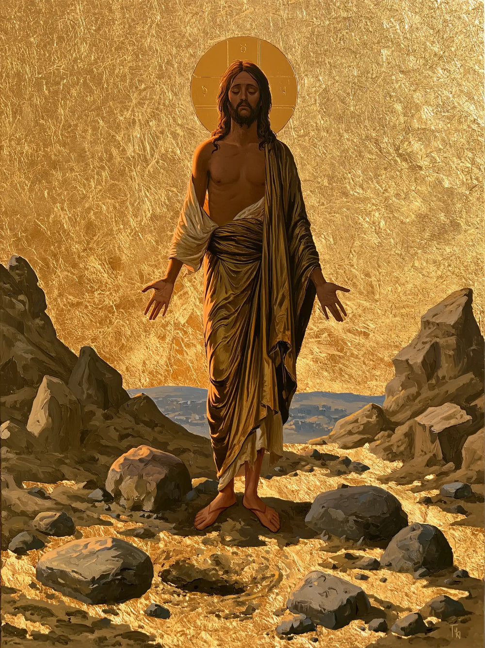 Jesus in the desert during the temptation in Sacred Gold style, portrait Christian artwork no. 30