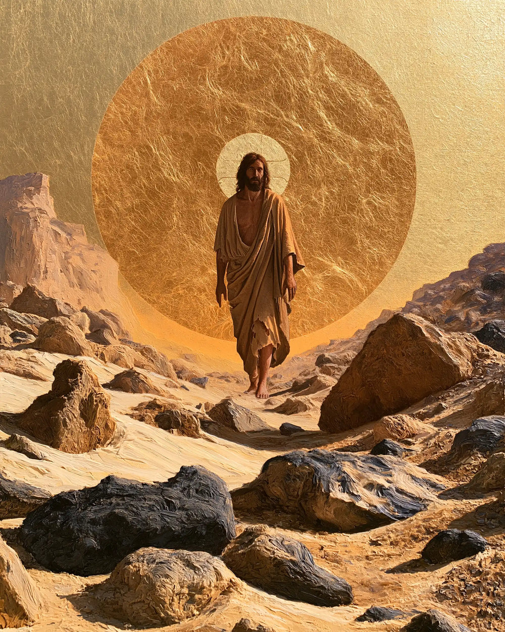 Jesus in the desert during the temptation in Sacred Gold style, portrait Christian artwork no. 31