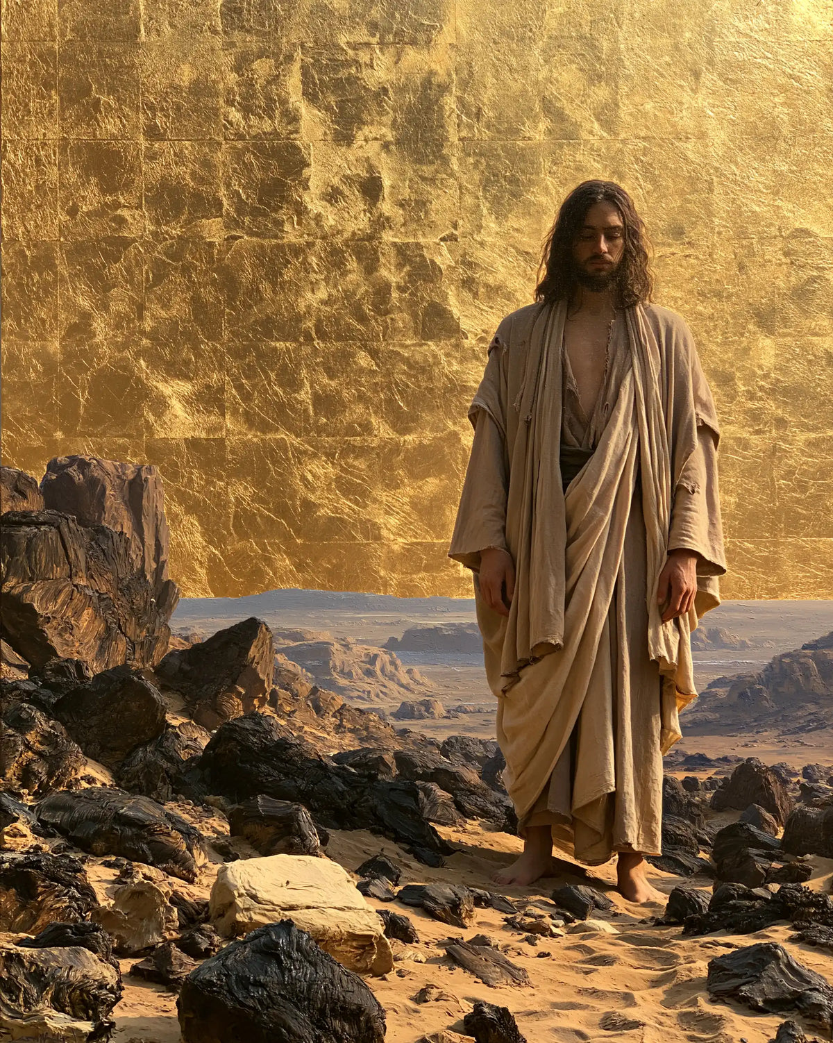 Jesus in the desert during the temptation in Sacred Gold style, portrait Christian artwork no. 32