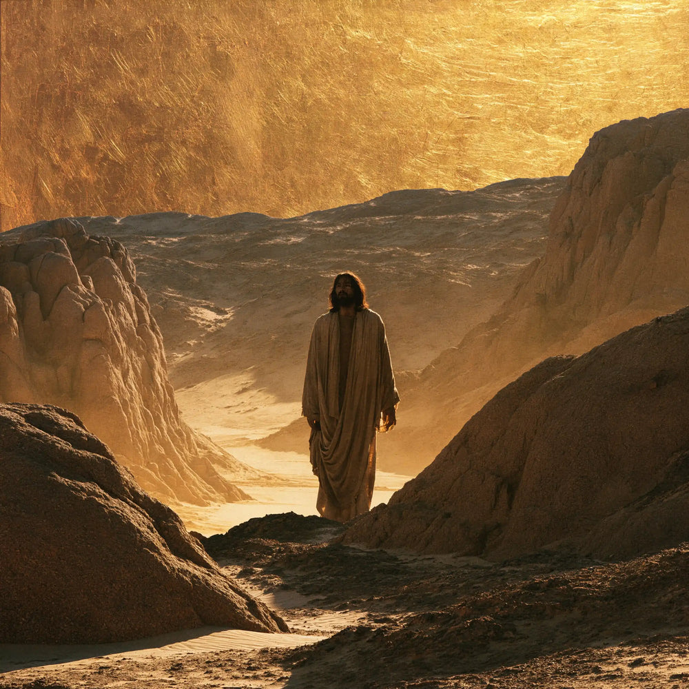 Jesus in the desert during the temptation in Sacred Gold style, square Christian artwork no. 2