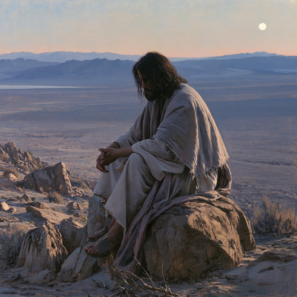 Jesus alone in the silence of the desert in The Silence of the Desert style, square Christian artwork no. 1