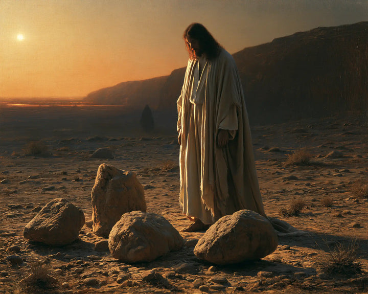 Jesus in the Desert — The Bowed Gaze upon the Sunset Stones