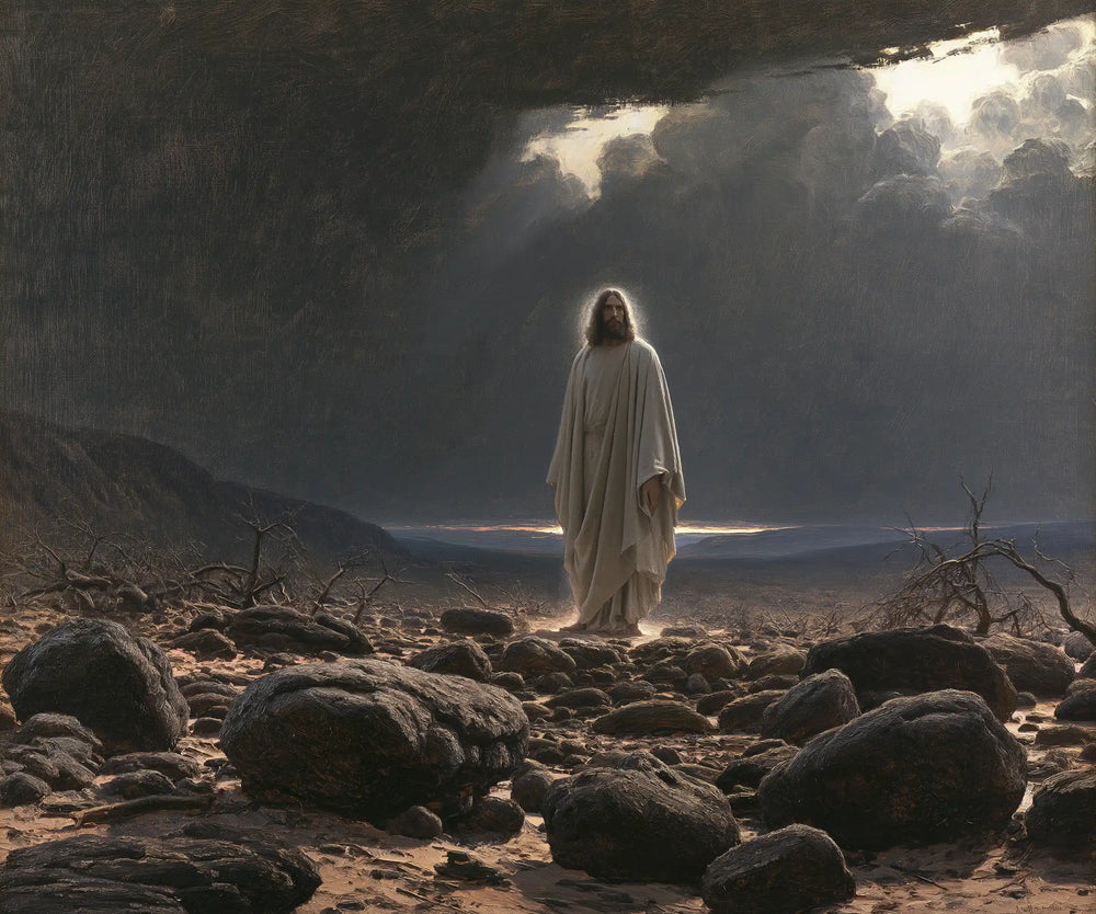 Jesus in the desert during the temptation in Symbolist style, landscape Christian artwork no. 1